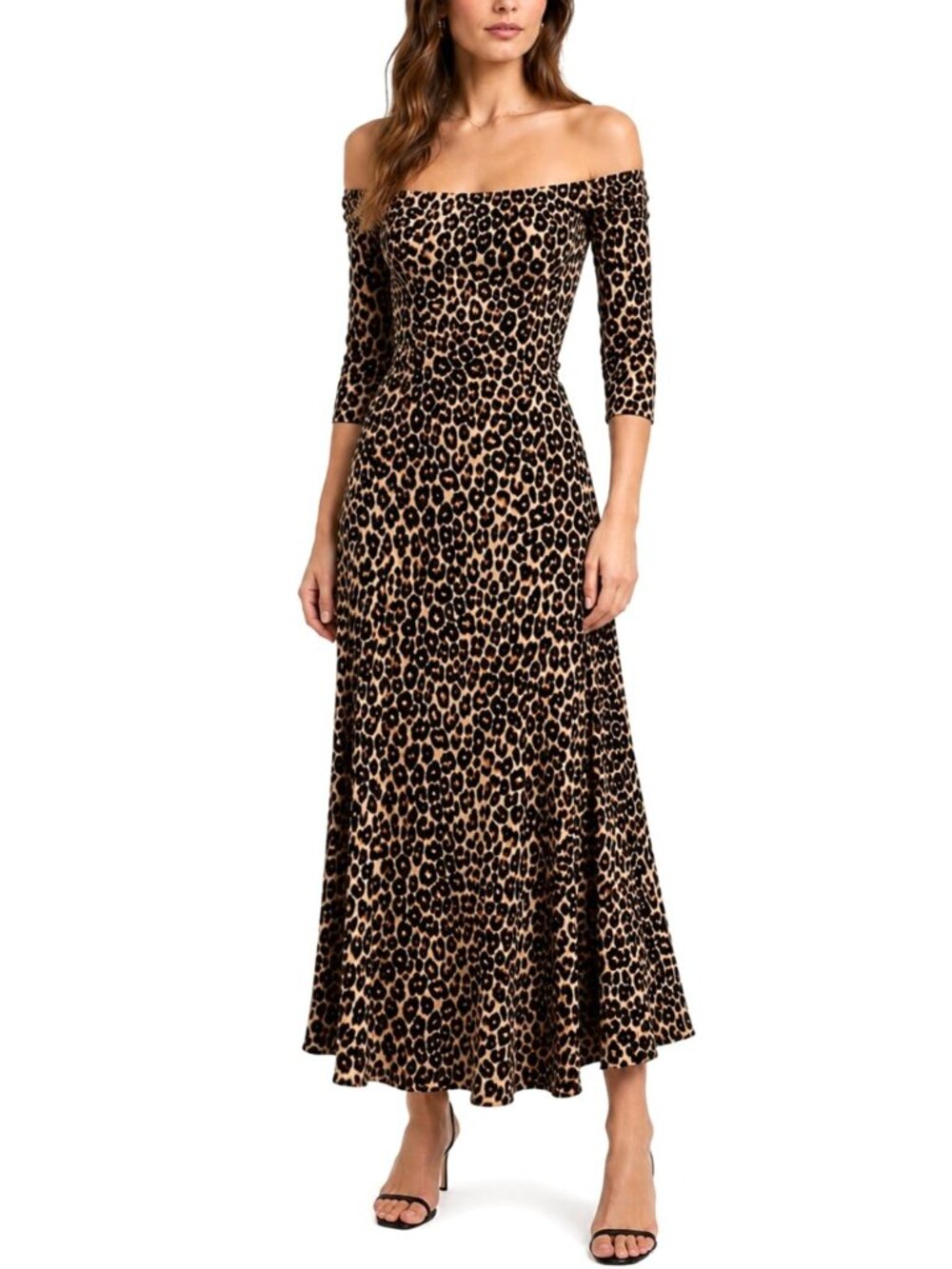 Reformation Ballari Leopard Off Shoulder Midi Dress